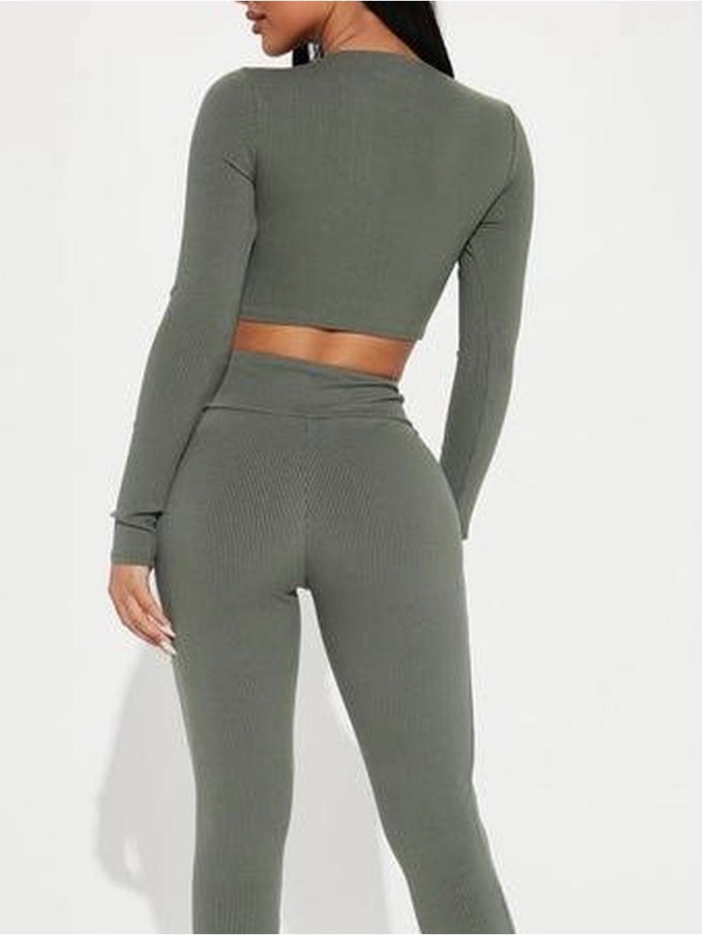 Ribbed Long Sleeve Crop Top & High Waist Leggings Set - Olive Green